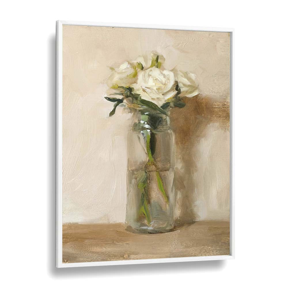 Delicate white rose elegantly displayed in a glass, part of THE GRACE OF WHITE ROSE, VINTAGE PAINTINGS collection.