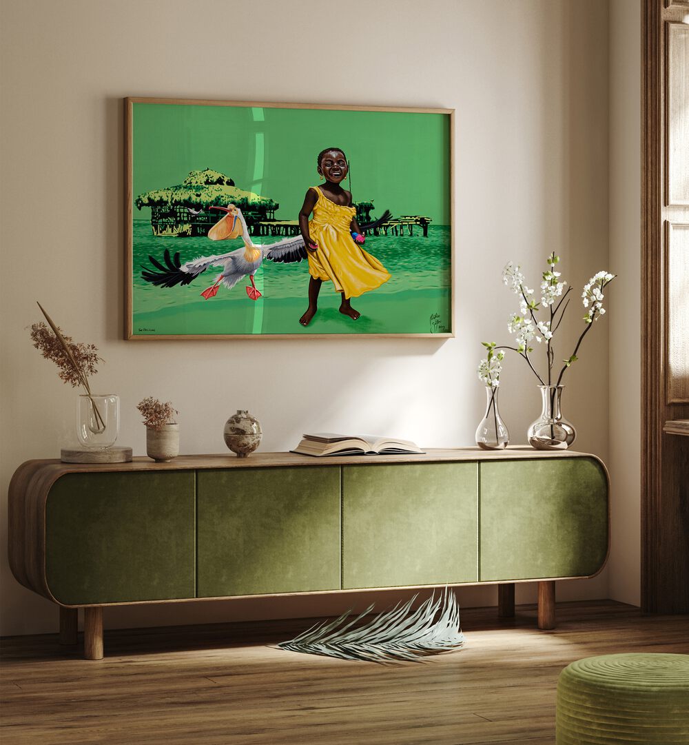 Vibrant scene featuring "THE PELICAN, AFRICAN ART PAINTINGS" by Christian Beijer, perfect for any art lover's collection.