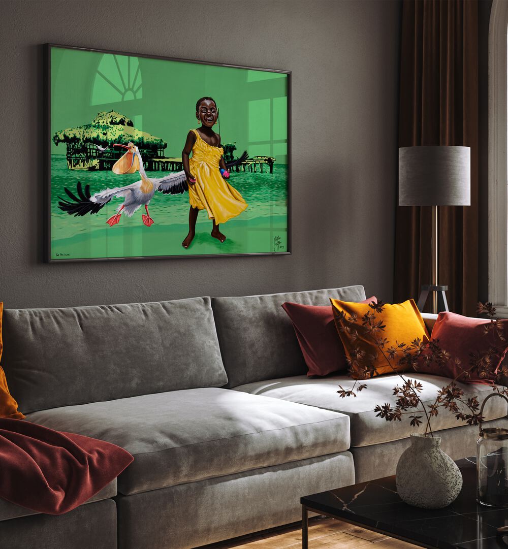 Vibrant scene featuring "THE PELICAN, AFRICAN ART PAINTINGS" by Christian Beijer, perfect for any art lover's home.