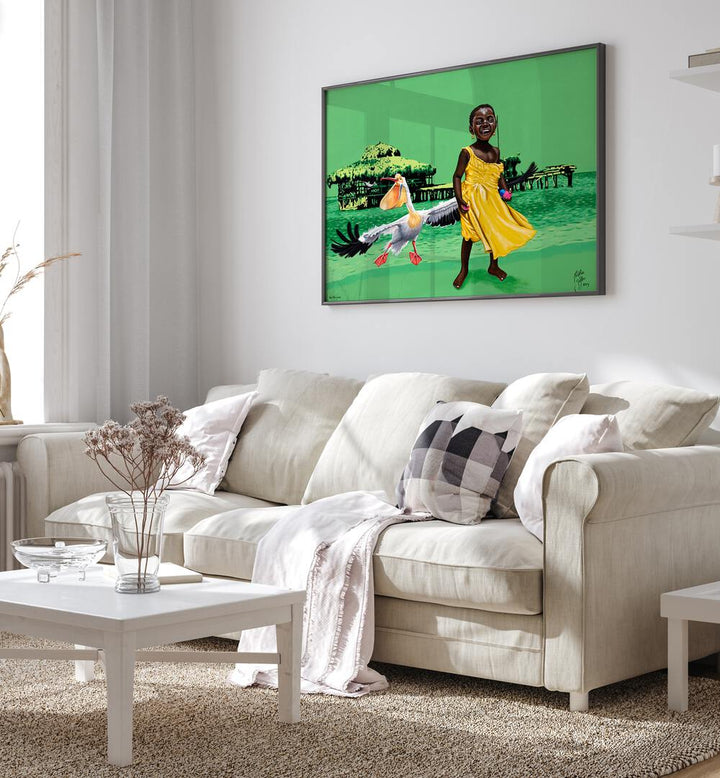 Vibrant scene featuring "THE PELICAN, AFRICAN ART PAINTINGS" by Christian Beijer, perfect for home decor.