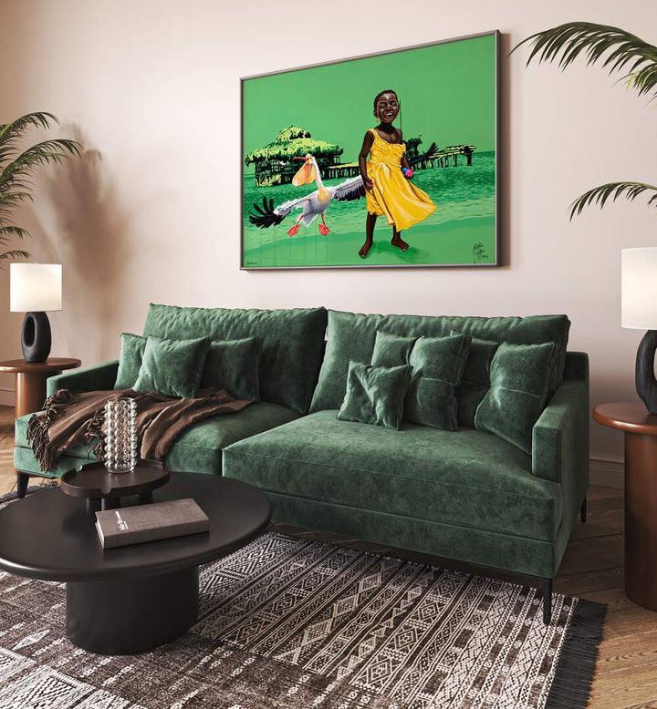 Vibrant scene featuring "THE PELICAN, AFRICAN ART PAINTINGS" by Christian Beijer, perfect for your art collection.