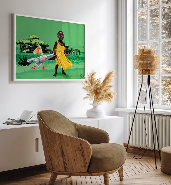 Vibrant scene featuring THE PELICAN, AFRICAN ART PAINTINGS by Christian Beijer in a stylish interior setting.