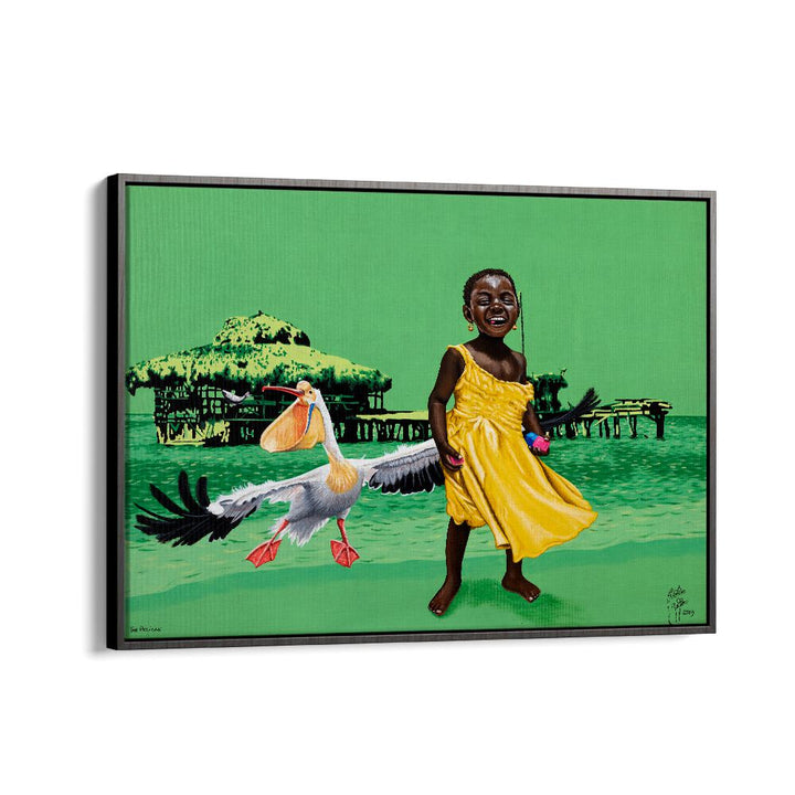 Vibrant scene of a child and pelican in "THE PELICAN, AFRICAN ART PAINTINGS" by Christian Beijer.