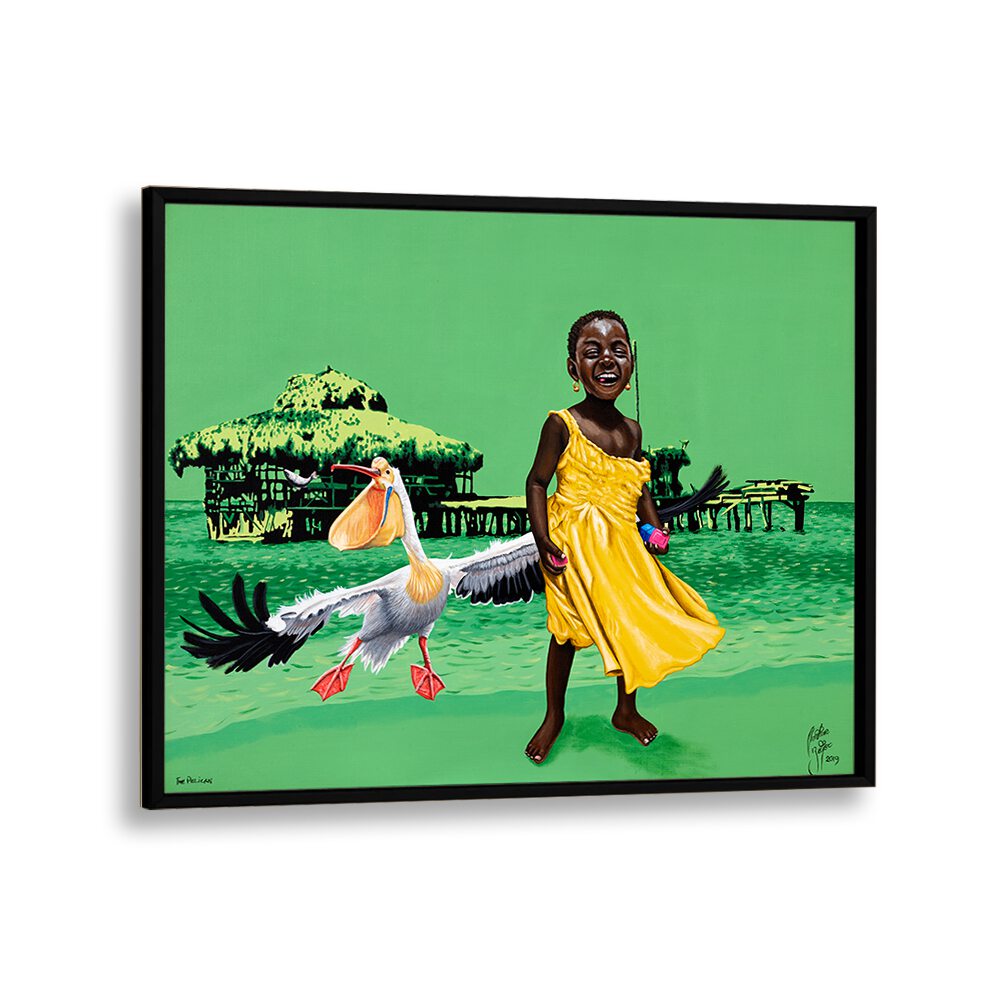 Vibrant scene featuring "THE PELICAN, AFRICAN ART PAINTINGS" by Christian Beijer, showcasing art and joy.
