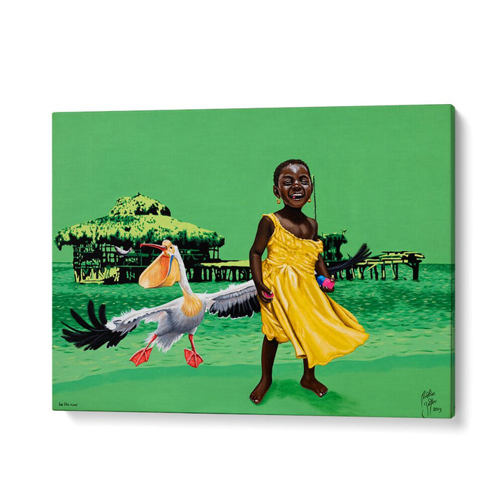 Vibrant artwork featuring a joyful child and pelican, showcasing THE PELICAN, AFRICAN ART PAINTINGS by Christian Beijer.