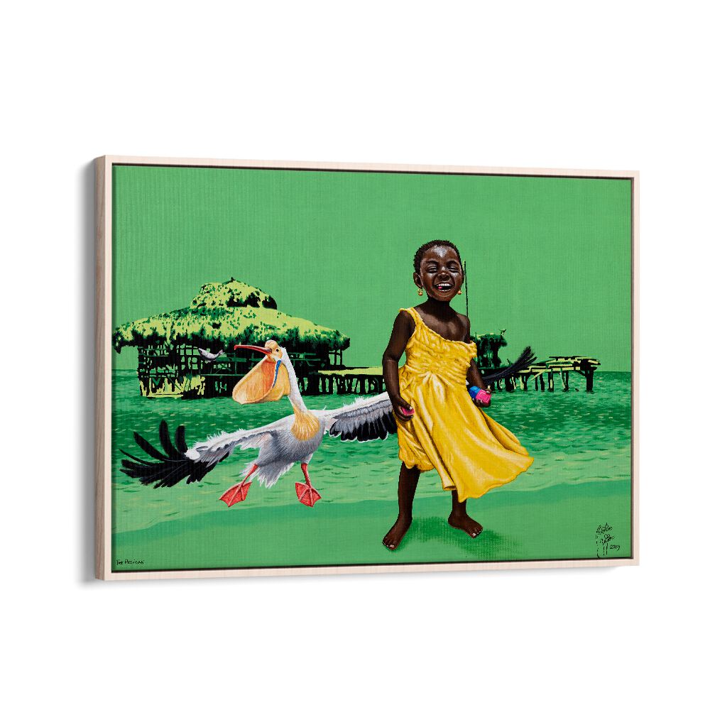 Vibrant scene of a child and pelican in "THE PELICAN, AFRICAN ART PAINTINGS" by Christian Beijer, showcasing joy.