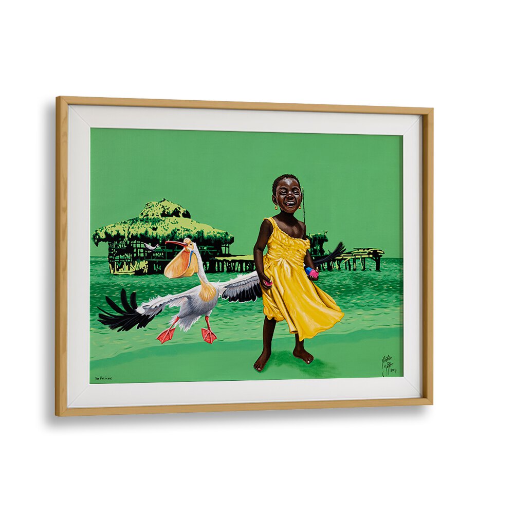 Vibrant scene featuring a child and pelican in "THE PELICAN, AFRICAN ART PAINTINGS" by Christian Beijer.