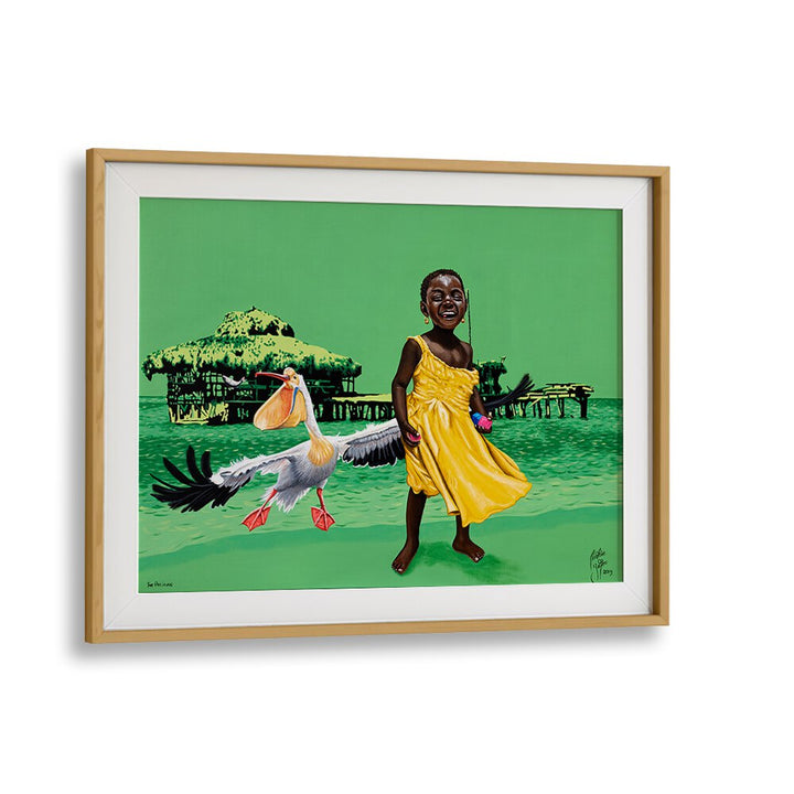 Vibrant scene featuring a child and pelican in "THE PELICAN, AFRICAN ART PAINTINGS" by Christian Beijer.