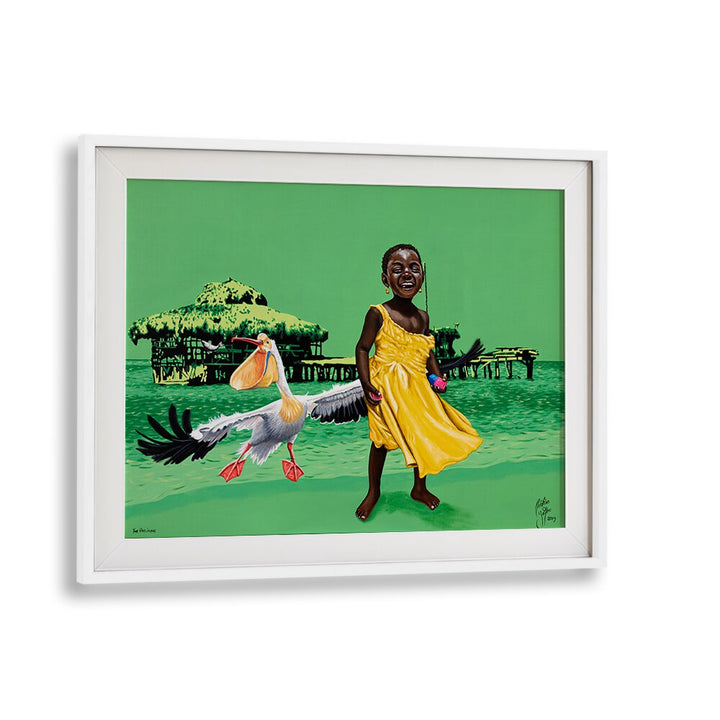 Vibrant scene featuring a child and a pelican in "THE PELICAN, AFRICAN ART PAINTINGS" by Christian Beijer.
