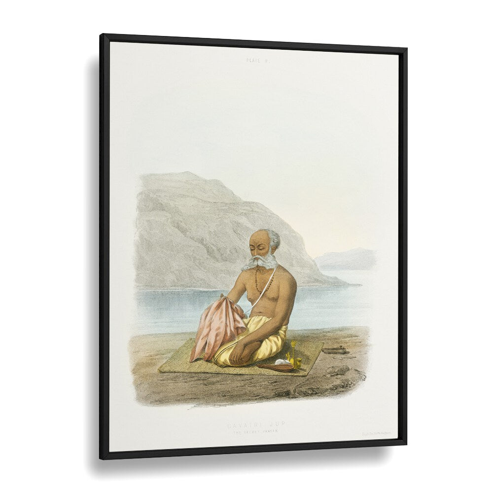 "The Secret Prayer, Indian Art Paintings showcases a Brahmin performing the sacred Gayatri Jup, reflecting spirituality."