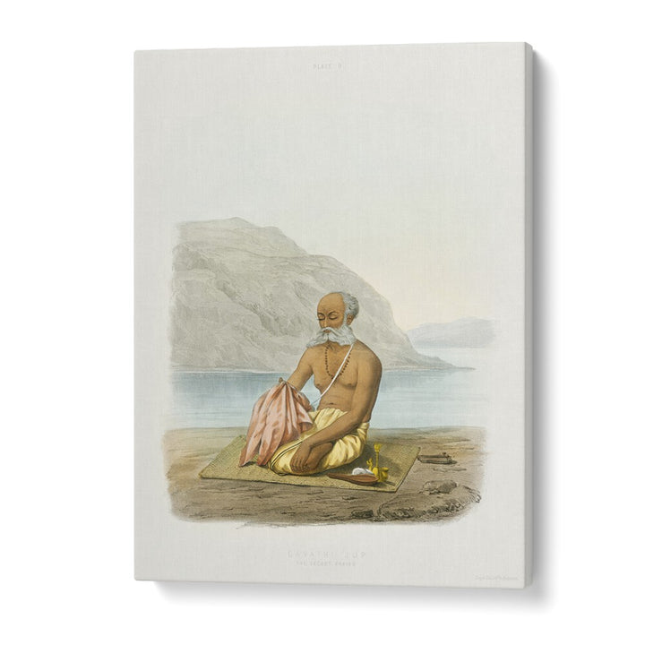 Experience spirituality with THE SECRET PRAYER, INDIAN ART PAINTINGS, showcasing the sacred Gayatri Jup by Sophie Charlotte Belnos.