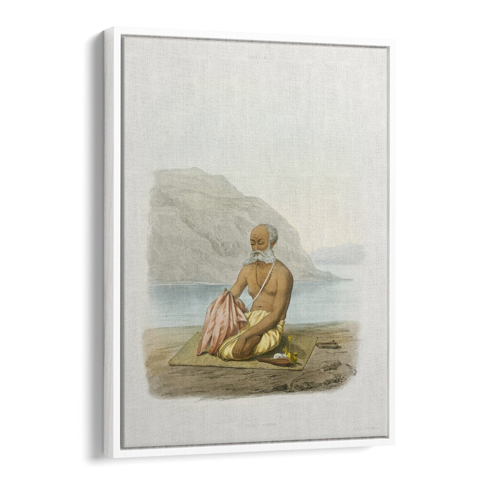 THE SECRET PRAYER, INDIAN ART PAINTINGS showcases a serene Brahmin in prayer, reflecting spiritual essence and heritage.