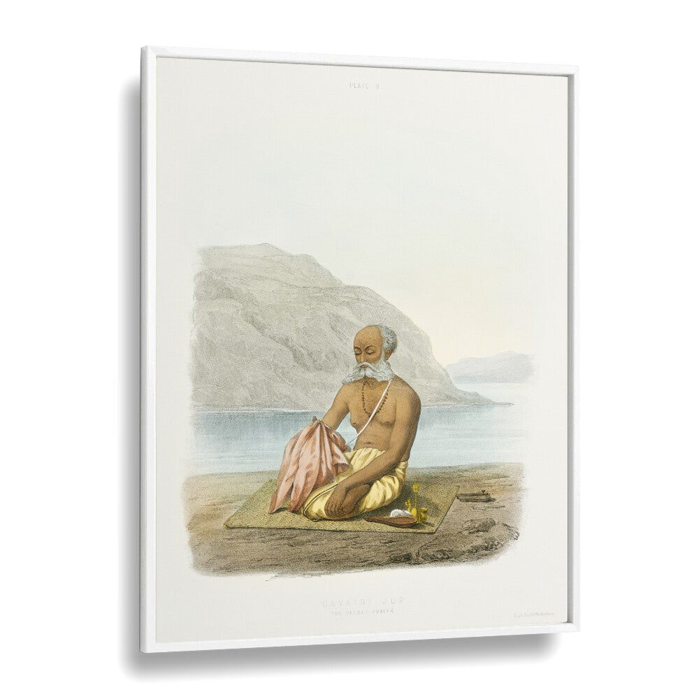THE SECRET PRAYER, INDIAN ART PAINTINGS showcases a serene depiction of Gayatri Jup, reflecting spiritual essence.