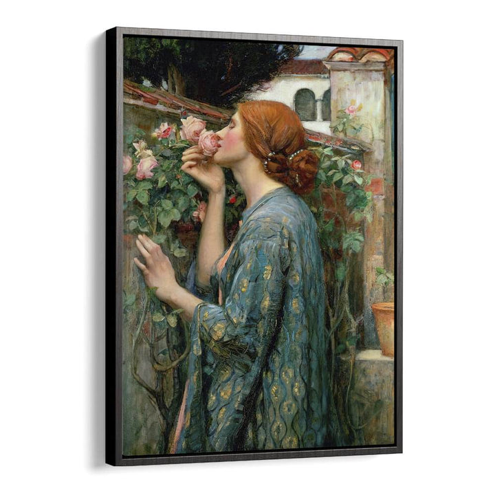 "The Soul of the Rose, vintage paintings, captures romantic elegance with a woman admiring roses in a lush garden."