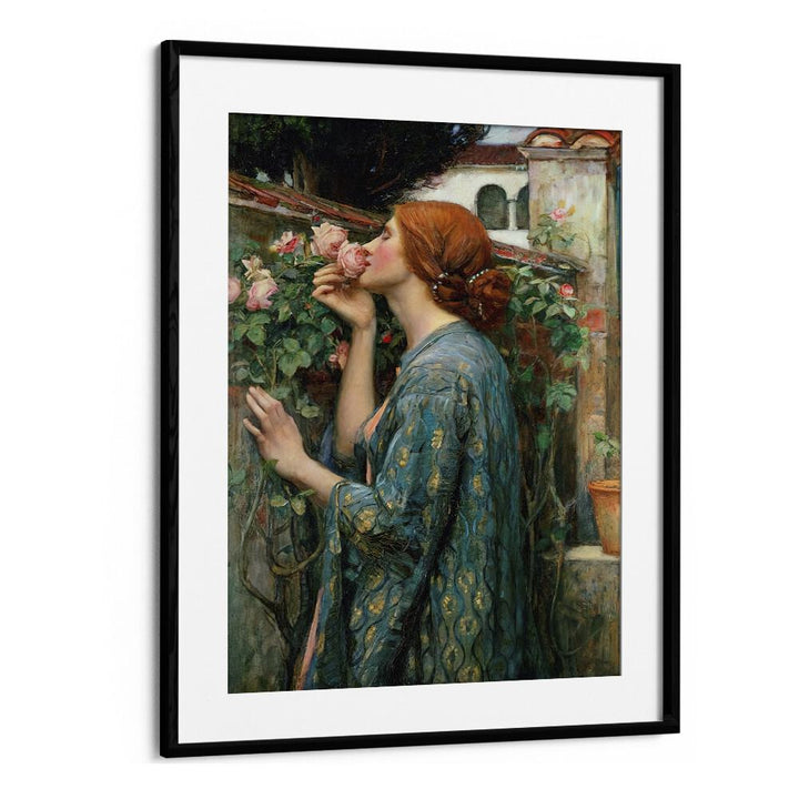 "The Soul of the Rose, vintage paintings, showcases a woman admiring roses, reflecting timeless elegance and romance."