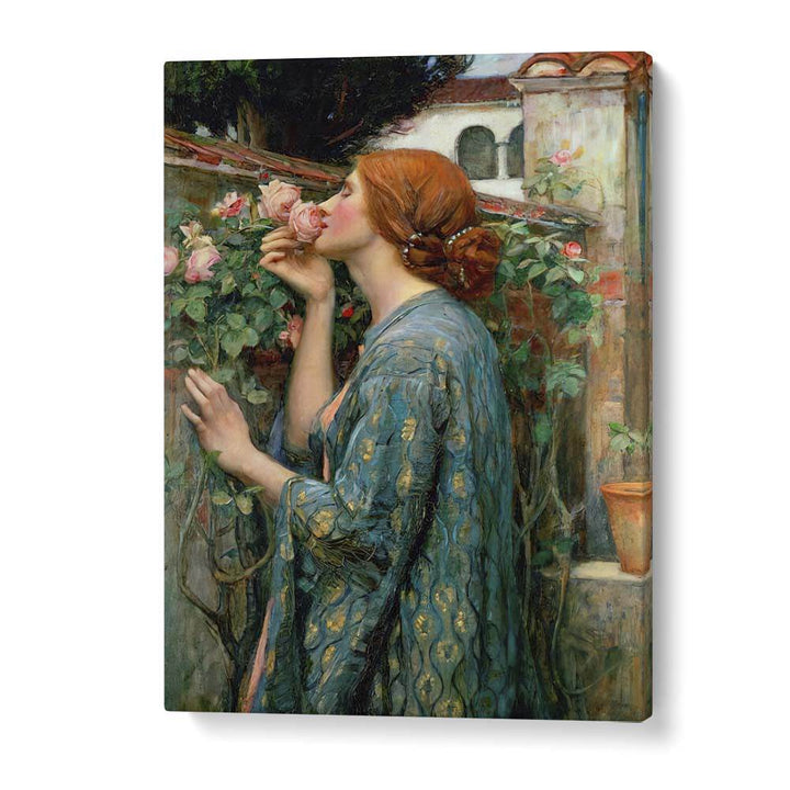 "The Soul of the Rose, vintage paintings, showcases a woman enchanted by roses in a lush garden setting."