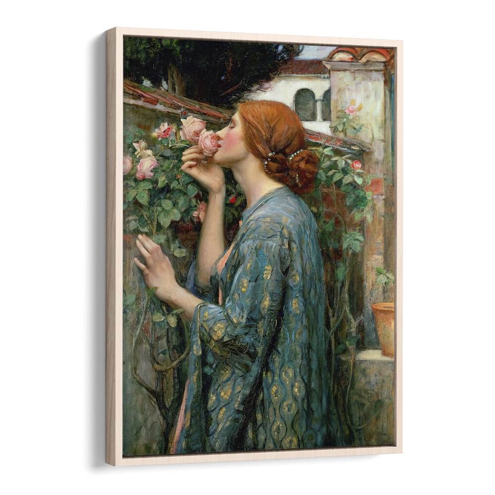 "The Soul of the Rose, vintage paintings, showcases a woman admiring roses, embodying timeless elegance and beauty."