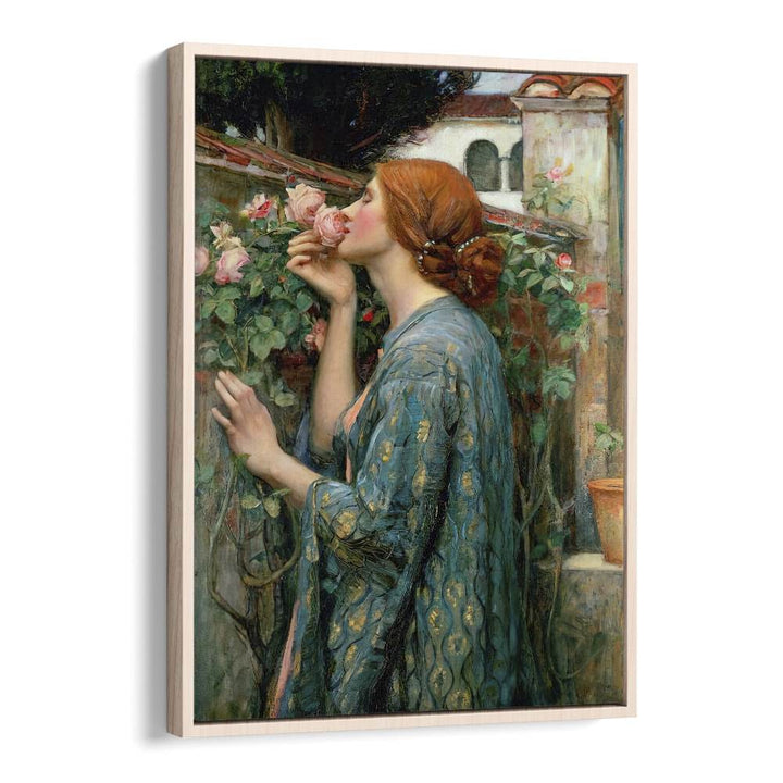 "The Soul of the Rose, vintage paintings, showcases a woman admiring roses, embodying timeless elegance and beauty."