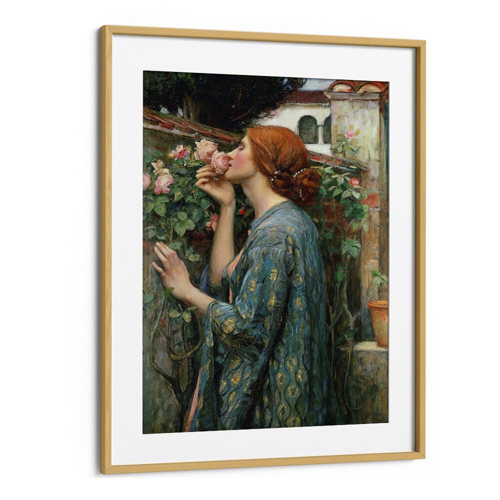 "The Soul of the Rose, Vintage Paintings" showcases a woman admiring roses, framed elegantly for timeless appeal.
