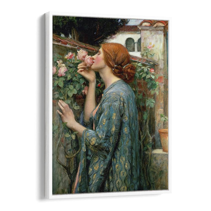 "The Soul of the Rose, vintage paintings, features a woman admiring roses, showcasing timeless romantic elegance."