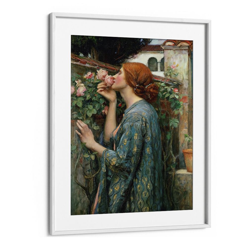 "The Soul of the Rose, Vintage Paintings" captures a romantic woman admiring roses, showcasing timeless elegance.