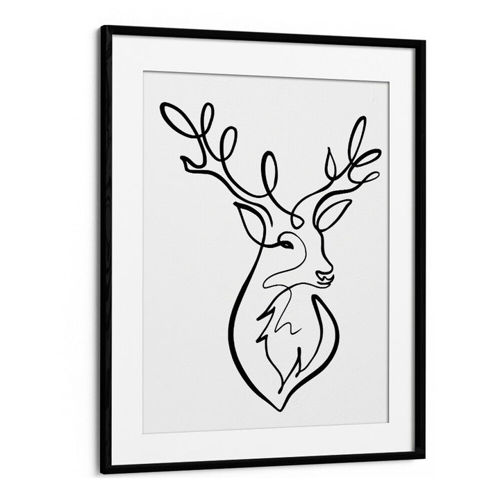 Elegant black and white illustration of a stag, part of THE STAG, LINE ART PAINTINGS collection for stylish decor.