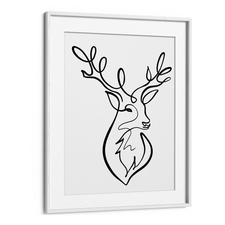 Elegant line art of a stag in a sleek white frame, showcasing THE STAG, LINE ART PAINTINGS for sophisticated decor.