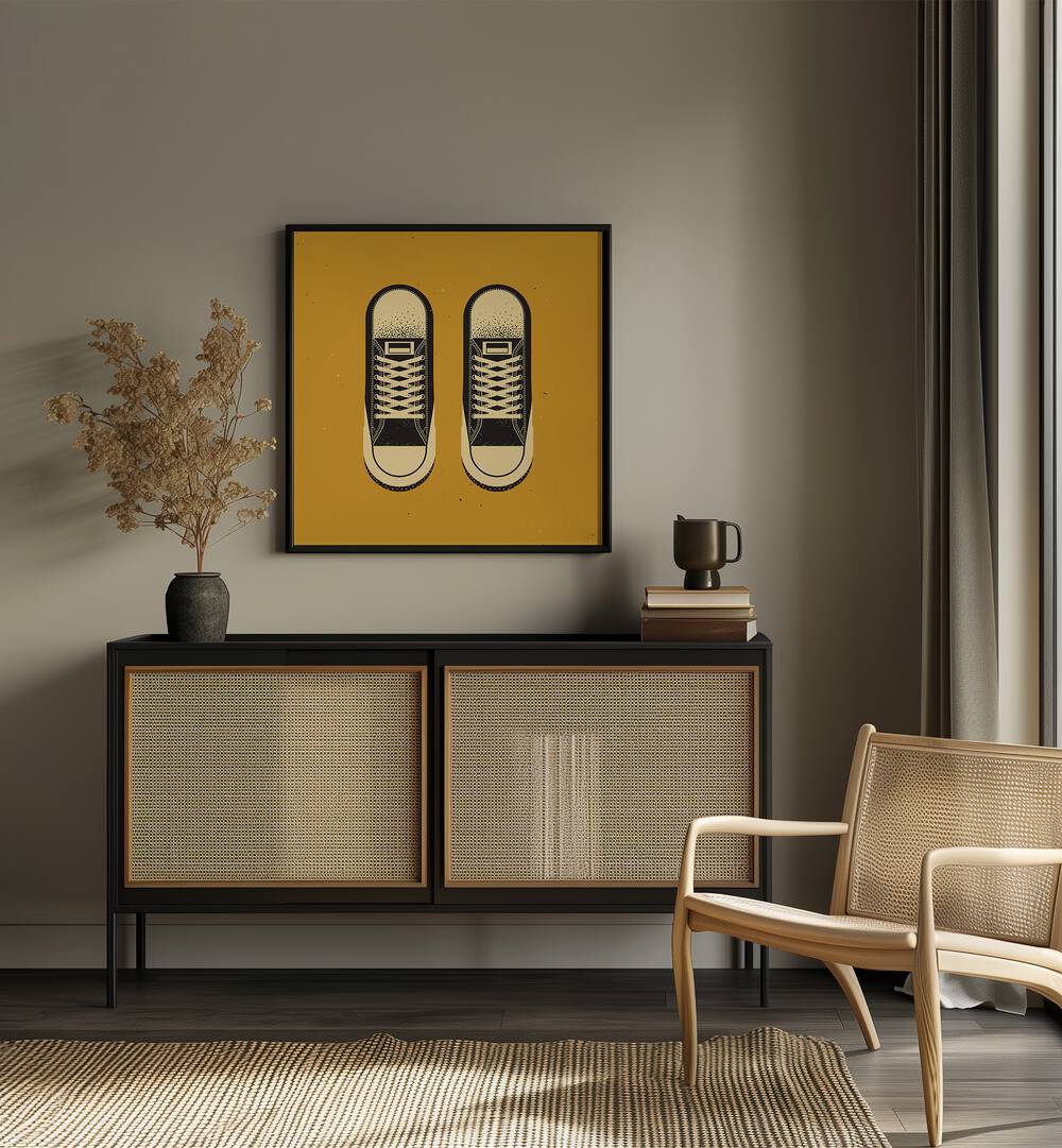 Stylish decor featuring THE BLACK CHUCKS, FASHION POSTERS in a modern living space with a warm color palette.