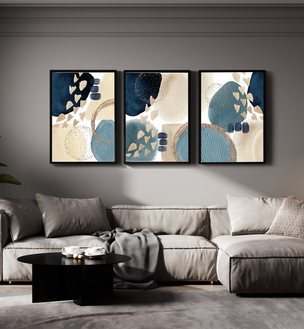 Elevate your home decor with THE BLUE BEAUTY SET, SET OF 3 PAINTINGS, featuring stunning abstract designs.