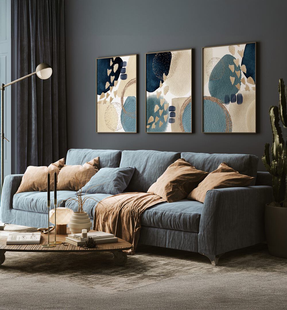 Enhance your decor with THE BLUE BEAUTY SET, SET OF 3 PAINTINGS, featuring serene and sophisticated artwork.