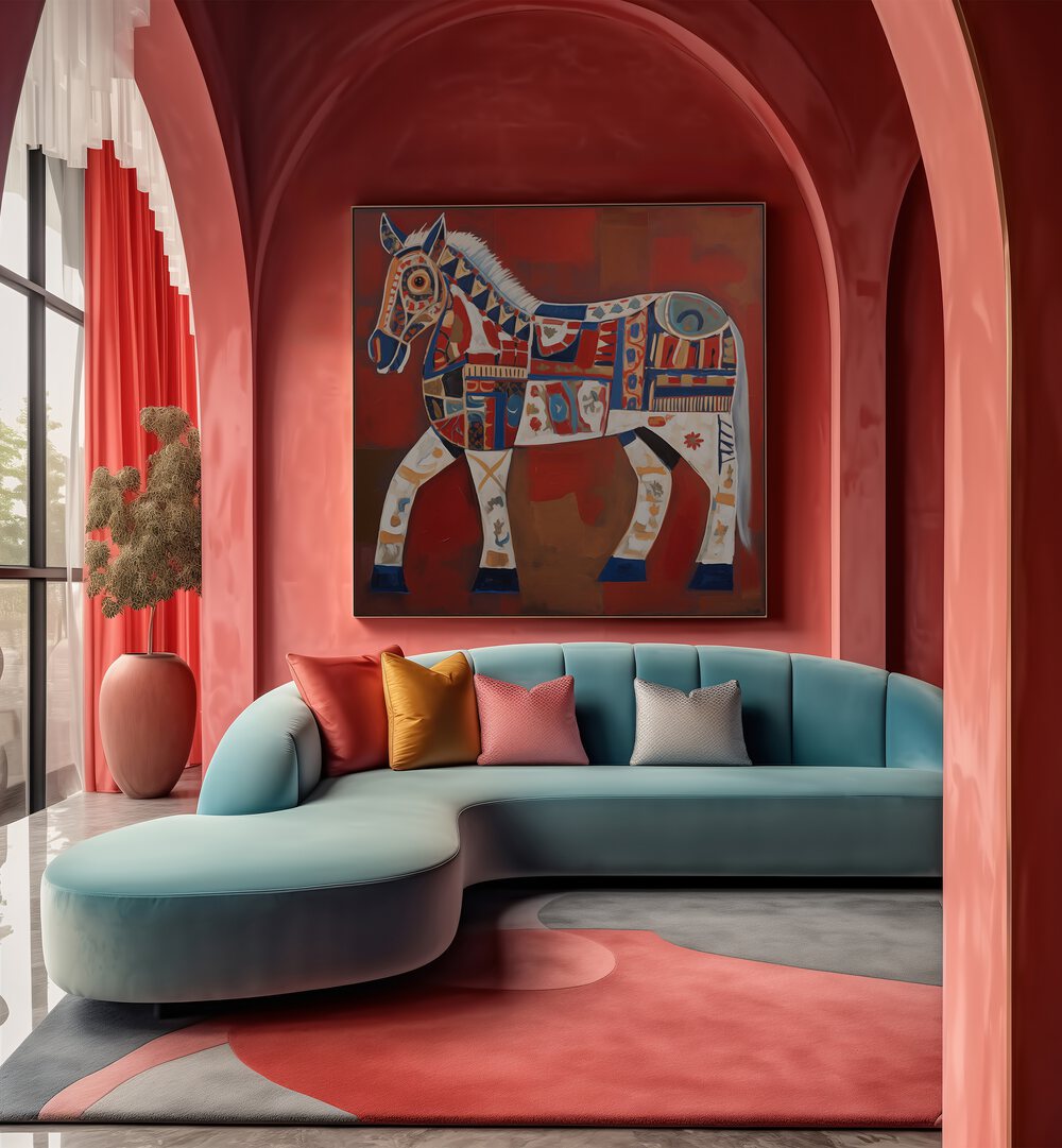 Elegant interior featuring THE DECORATED HORSE, ANIMAL PAINTINGS, enhancing the space with artistic charm.