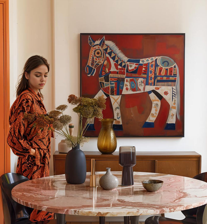 The Decorated Horse, animal paintings, enhance your decor with this vibrant artwork capturing equine majesty.