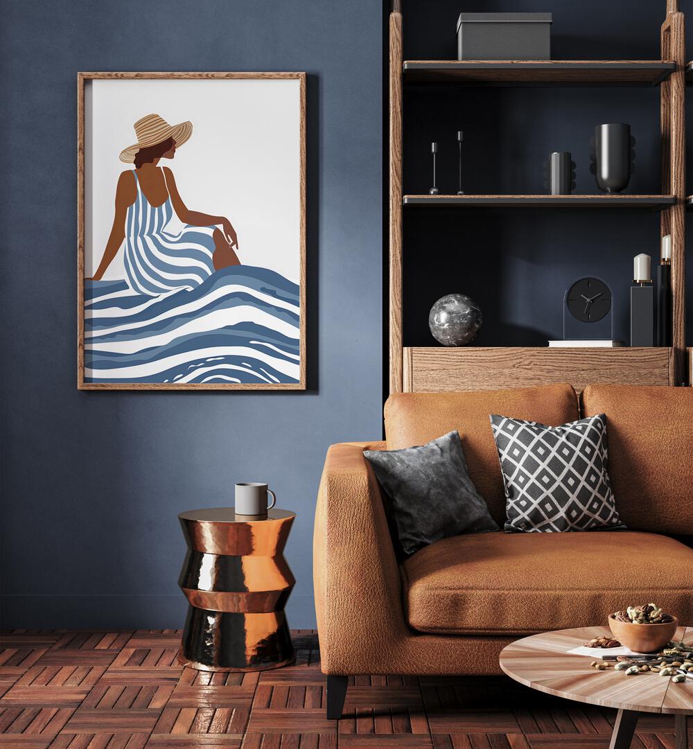 Beautiful girl in striped dress, portraits showcasing modern chic style in a cozy interior setting.