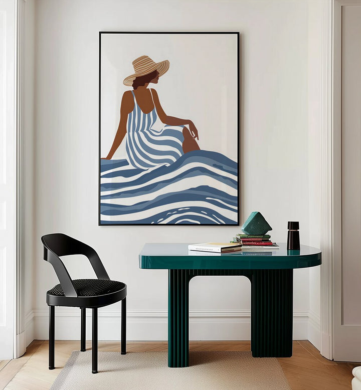 Elegant girl in striped dress, portraits showcasing modern chic style and comfort in home decor. Perfect for any space.