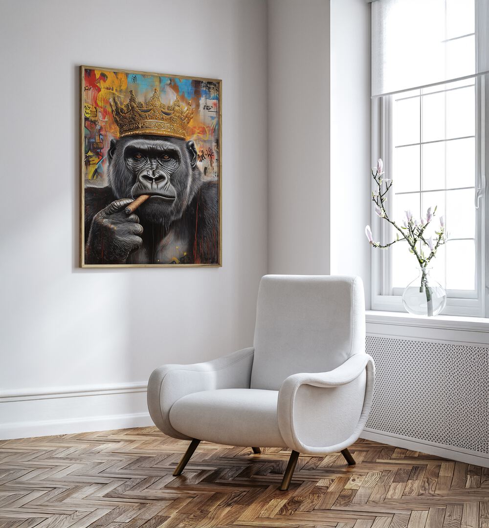Stylish artwork featuring THE GORILLA KING, ALTERED ART PRINTS, ideal for enhancing any modern living space.