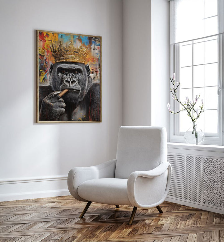 Stylish artwork featuring THE GORILLA KING, ALTERED ART PRINTS, ideal for enhancing any modern living space.