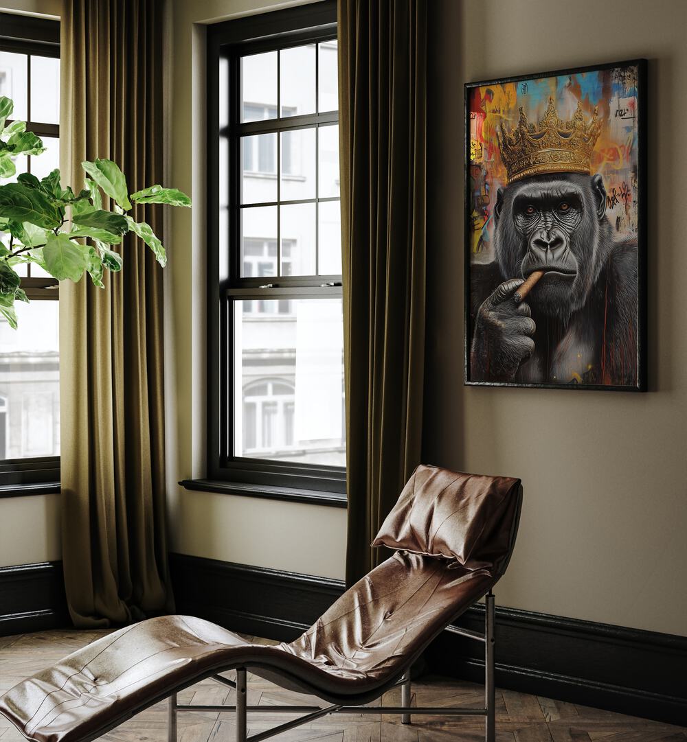 A striking interior featuring THE GORILLA KING, ALTERED ART PRINTS, perfect for transforming your living space.