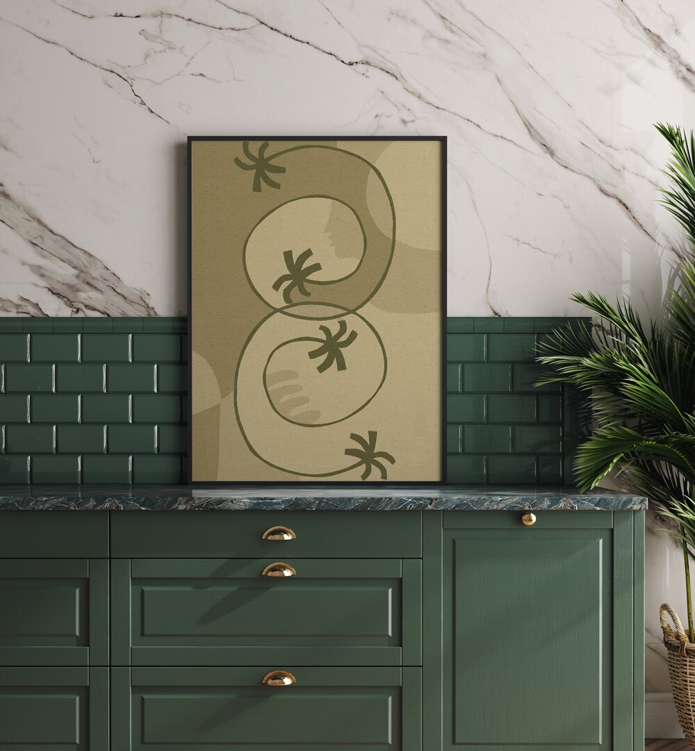 THE LAND STORY III, BOHO ART PAINTINGS, beautifully displayed in a modern kitchen setting, enhances any space with elegance.