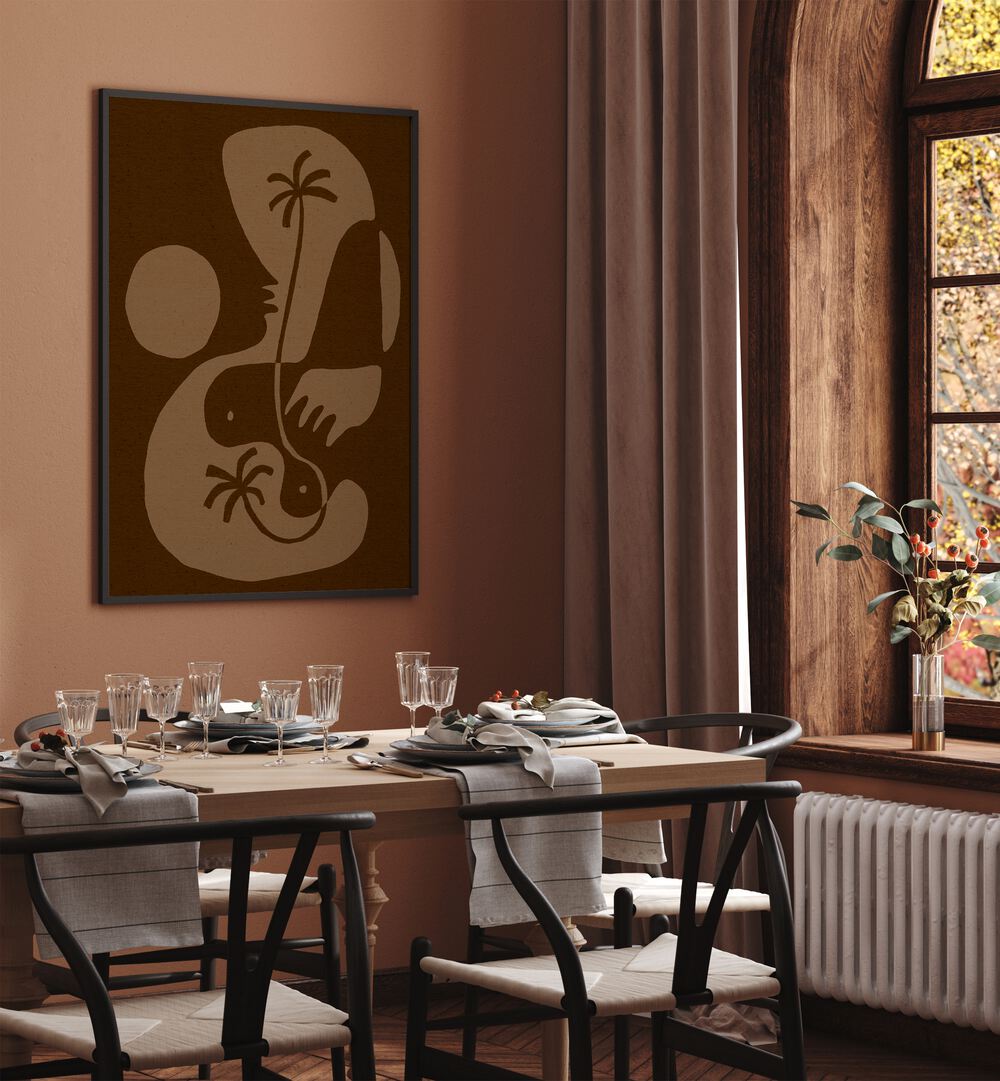 Stylish interior featuring THE LAND STORY V, BOHO ART PAINTINGS that enhance the cozy dining space.