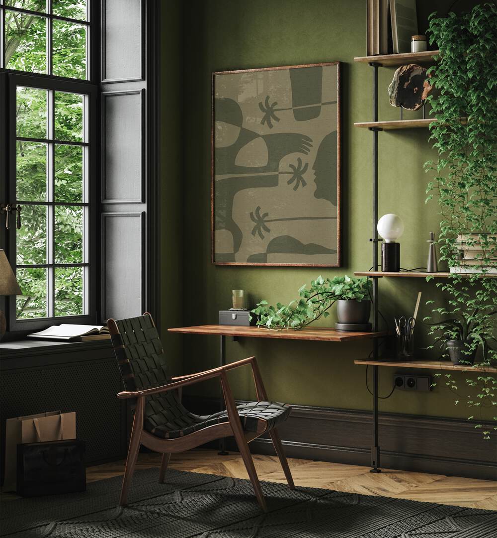 Stylish interior featuring THE LAND STORY VII, BOHO ART PAINTINGS, enhancing the green-toned decor with contemporary art.