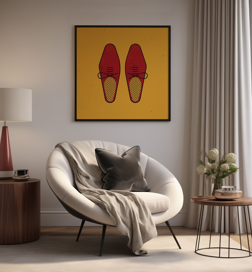 Stylish depiction of red shoes on a yellow background, perfect for home decor. Discover THE RED SHOES, FASHION POSTERS.