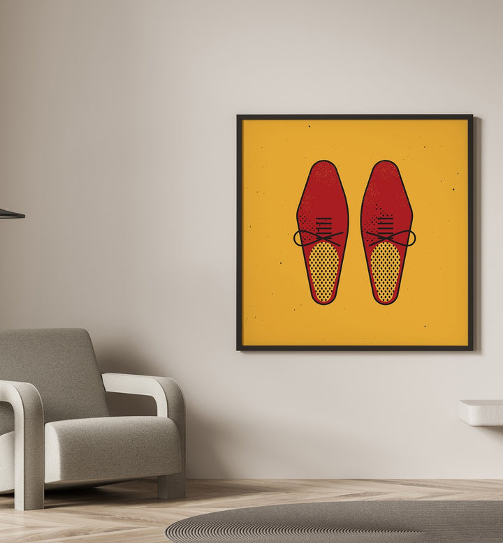 Stylish illustration of red shoes on a yellow background, perfect for home decor. THE RED SHOES, FASHION POSTERS.