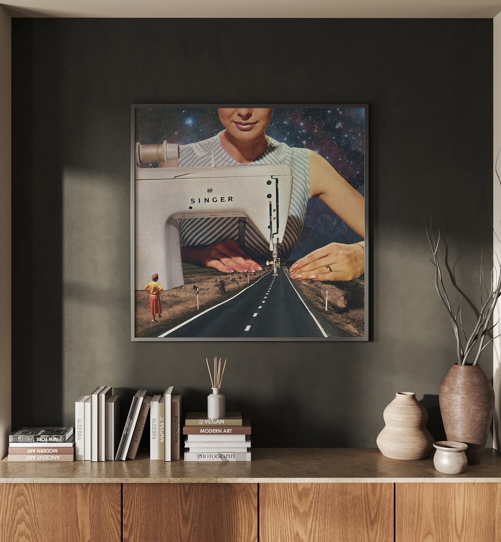 Surreal art print “THIS IS HOW A ROAD GETS MADE” by Vertigo Artography transforms your living space beautifully.