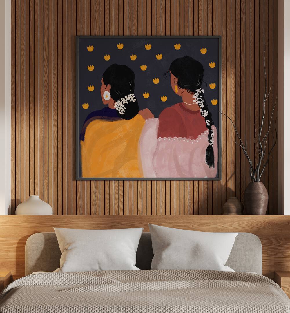 Together In Tradition By Shreya Roy Chowdary, Indian Art Paintings Artwork in Black Plain Frame
placed on a Brown Colored Wooden Striped Wall
near a Bed
in the Bedroom