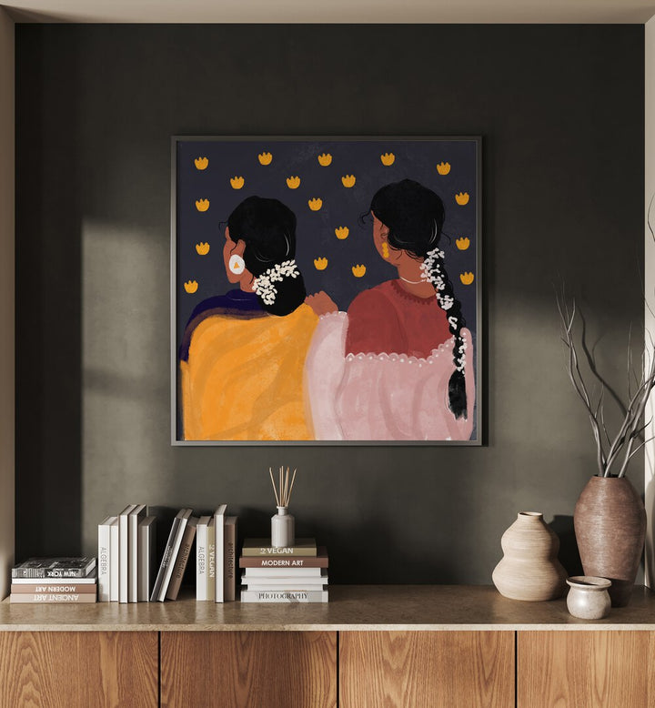Together In Tradition By Shreya Roy Chowdary, Indian Art Paintings Artwork in Black Plain Frame
placed on a Dark Grey Colored Wall
placed above a Console Table