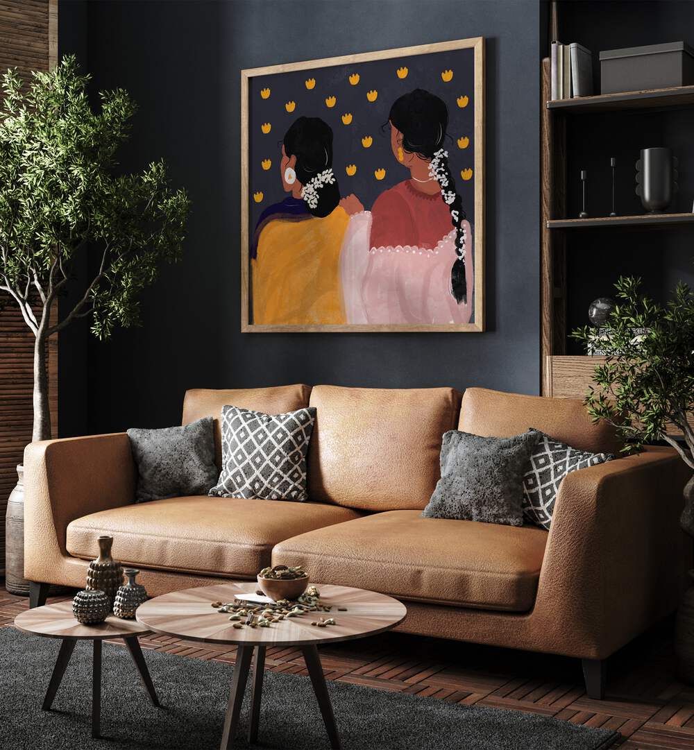 Together In Tradition By Shreya Roy Chowdary, Indian Art Paintings Artwork in Oak Wood Plain Frame
placed on a Blue Colored Wall
near a Dessert Brown Sofa
in the Living Room
