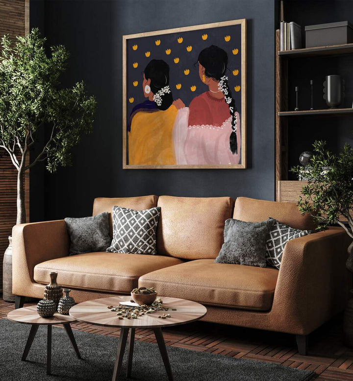 Together In Tradition By Shreya Roy Chowdary, Indian Art Paintings Artwork in Oak Wood Plain Frame
placed on a Blue Colored Wall
near a Dessert Brown Sofa
in the Living Room