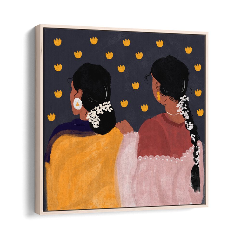 Together In Tradition By Shreya Roy Chowdary, Indian Art Paintings Artwork in Oak Wood Floater Frame