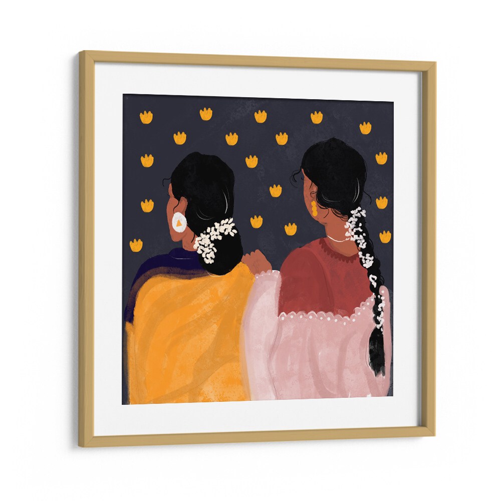 Together In Tradition By Shreya Roy Chowdary, Indian Art Paintings Artwork in Oak Wood Frame With Mount