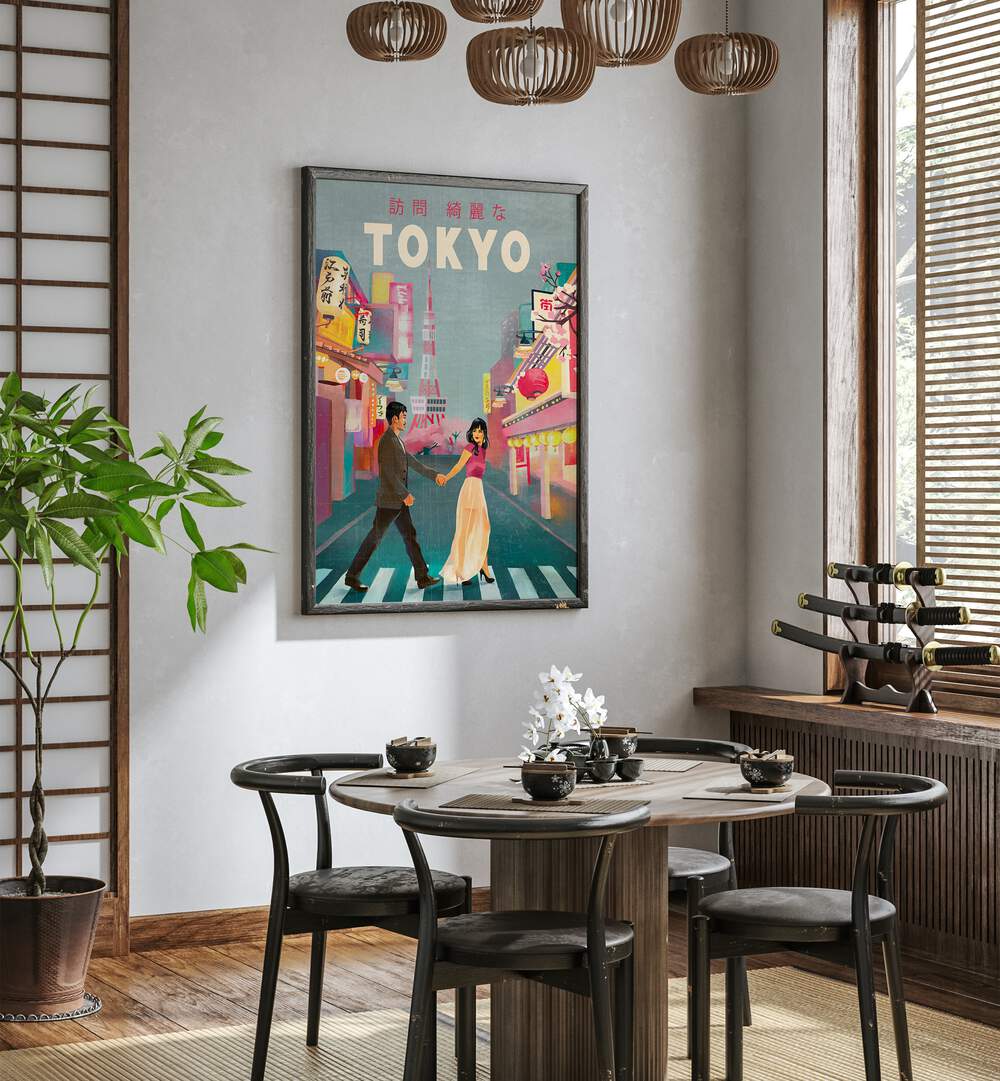 Stylish TOKYO JAPAN , TRAVEL POSTERS hanging in a modern dining space, showcasing vibrant city life and culture.